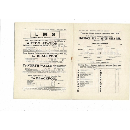 1925/26 Aston Villa v Newcastle United + Liverpool Reserves Football Programme