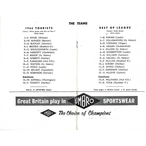 1966 1966 Tourists v Rest of League Charity Match (St. John Ambulance) Rugby League Programme