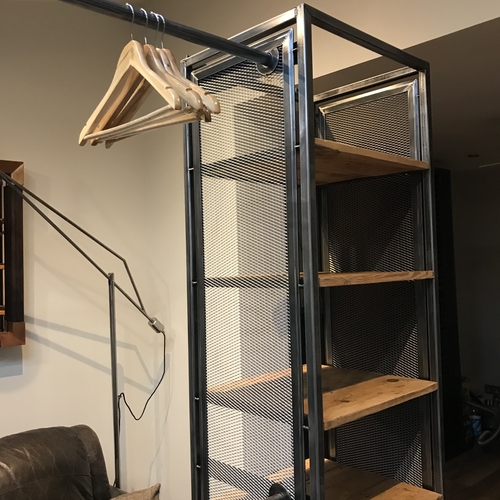 Walk in wardrobe hanging and shelving unit