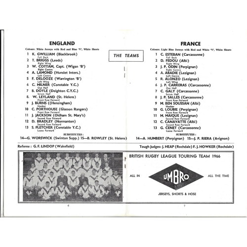 1967 England v France Junior International Match Rugby League Programme