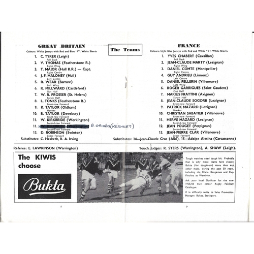 1965 England v France Under 24 International Match Rugby League Programme