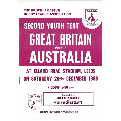 1986 Great Britain v Australia Amateur Youth International Second Test Match Rugby League Programme