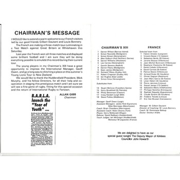 1991 BARLA Chairman’s Youth XIII v France Amateur Youth International Match Rugby League Programme