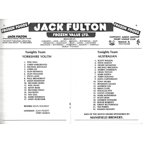 1986 BARLA Yorkshire Youth v Australia International Match Rugby League Programme