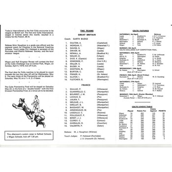1976 Great Britain Colts v France Colts International Rugby League Programme