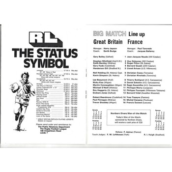 1979 Great Britain Colts v France Colts International Rugby League Programme