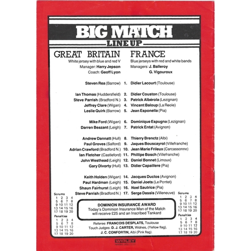 1984 Great Britain Colts v France Colts International Rugby League Programme