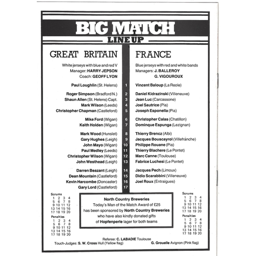 1985 Great Britain Colts v France Colts International Rugby League Programme