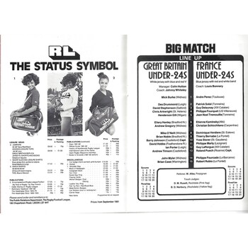 1982 Great Britain v France Under-24 International Rugby League Programme