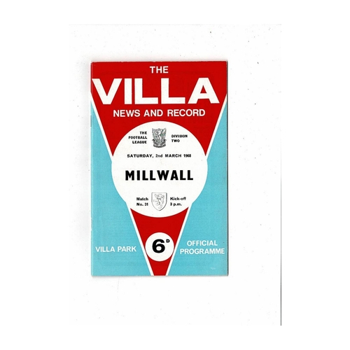 1967/68 Aston Villa v Millwall Football Programme + League Review