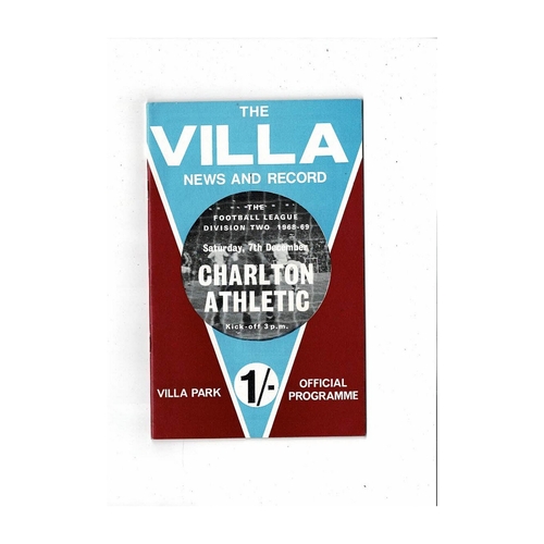 1968/69 Aston Villa v Charlton Athletic Football Programme + League Review