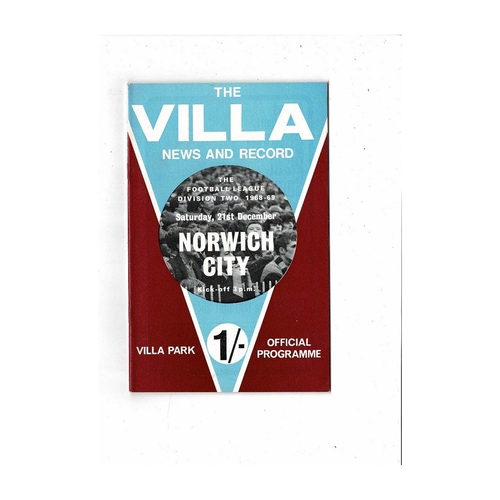 1968/69 Aston Villa v Norwich City Football Programme + League Review