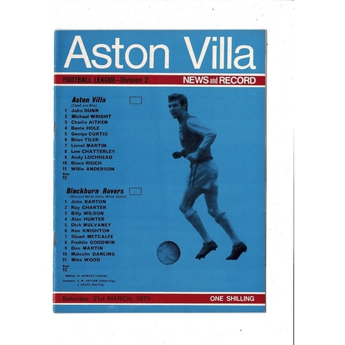 1969/70 Aston Villa v Blackburn Rovers Football Programme