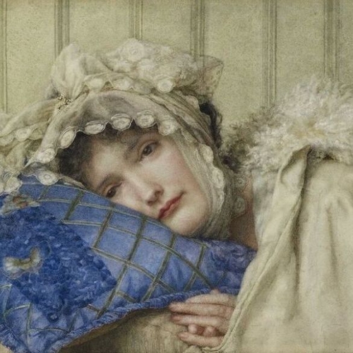 Girl in a Bonnet with her Head on a Blue Pillow