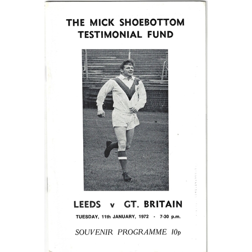1972 Mick Shoebottom Testimonial Leeds v Gt. Britian Rugby League Programme
