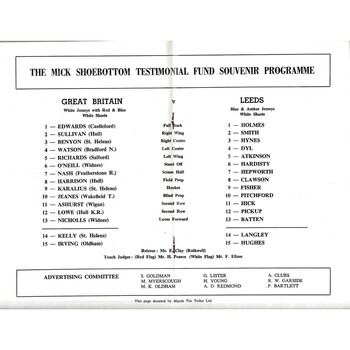 1972 Mick Shoebottom Testimonial Leeds v Gt. Britian Rugby League Programme
