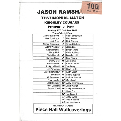2001 Jason Ramshaw Testimonial Rugby League Brochure & Team sheet for testimonal match on 27th October 2002