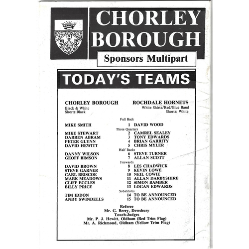 1988/89 Chorley Borough v Rochdale Hornets Rugby League programme