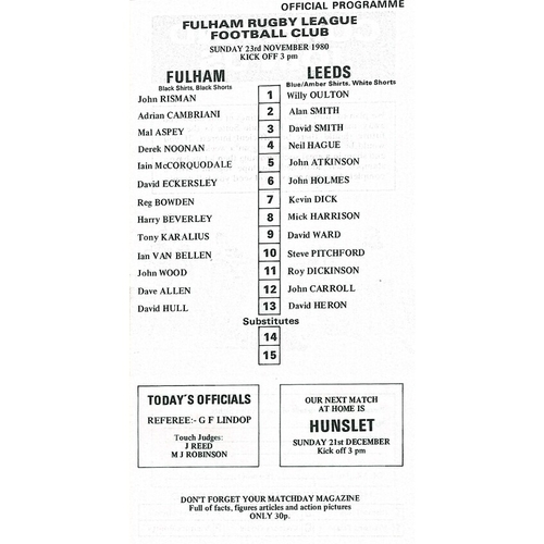 1980/81 Fulham v Leeds John Player Trophy Rugby League programme & Team Sheet/Programme