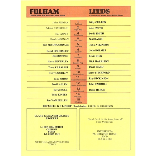 1980/81 Fulham v Leeds John Player Trophy Rugby League programme
