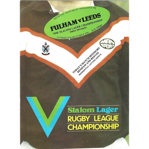 1981/82 Fulham v Leeds Rugby League programme & Team Sheet/Programme