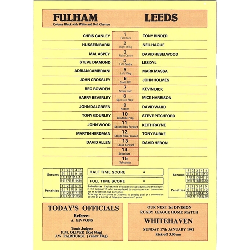 1981/82 Fulham v Leeds Rugby League programme & Team Sheet/Programme