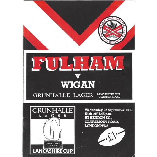 1989/90 Fulham v Wigan Lancashire Cup Quarter Final Rugby League programme