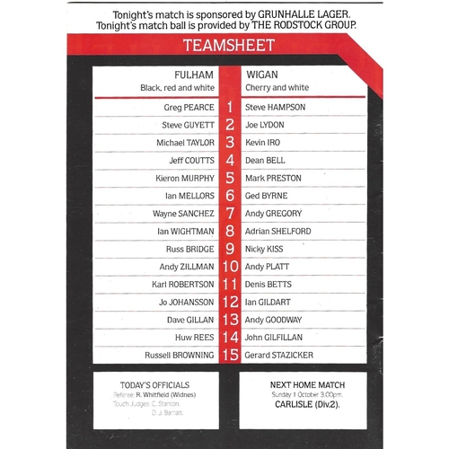 1989/90 Fulham v Wigan Lancashire Cup Quarter Final Rugby League programme