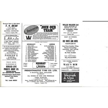 1974/75 Keighley v Leeds Players No. 6 Trophy 2nd Round Rugby League programme