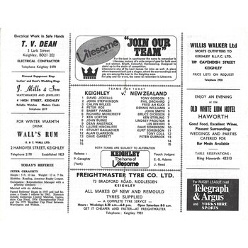 1975/76 Keighley v New Zealand Rugby League programme & loose New Zealand Team Info Sheet