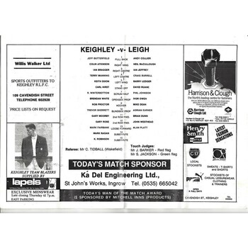 1988/89 Keighley v Leigh Rugby League programme