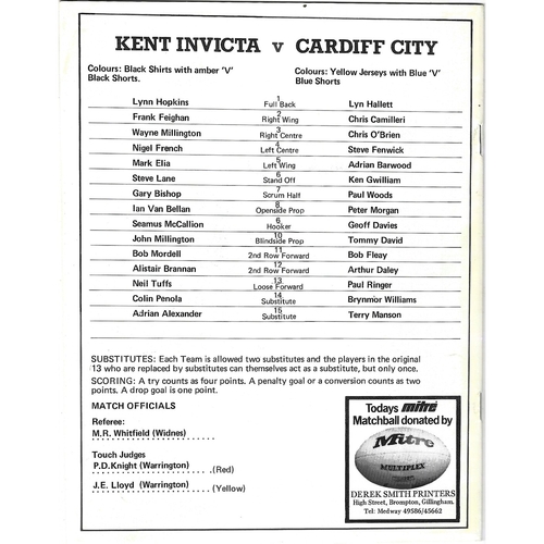 1983/84 Kent Invicta v Cardiff City Rugby League programme