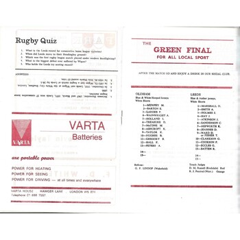 1973/74 Oldham v Leeds Rugby League programme