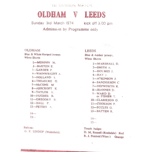 1973/74 Oldham v Leeds Rugby League programme