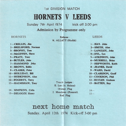 1973/74 Rochdale Hornets v Leeds Rugby League programme
