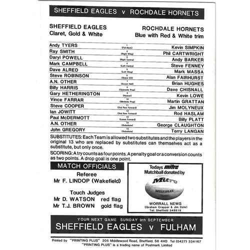 1984/85 Sheffield Eagles v Rochdale Hornets Rugby League programme