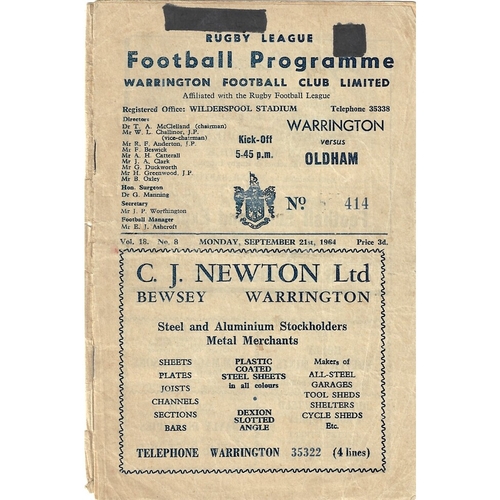 1964/65 Warrington v Oldham Rugby League programme