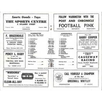 1970/71 Warrington v Huddersfield Rugby League programme