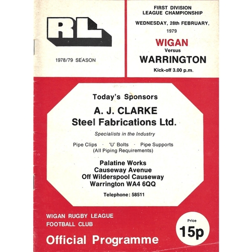 1978/79 Wigan v Warrington Rugby League programme