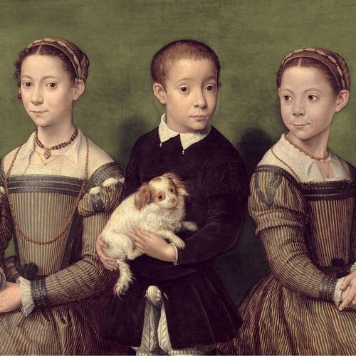 Three Siblings of the Gaddi Family with Dog