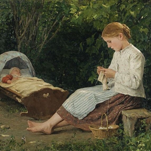 Knitting Girl Watching a Toddler in a Cradle