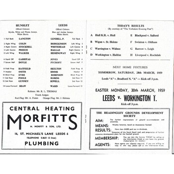 1958/59 Leeds v Hunslet Rugby League programme