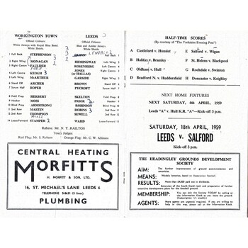 1958/59 Leeds v Workington Town Rugby League programme