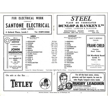 1967/68 Leeds v Hunslet (12/09/1967) Yorkshire Cup, 2nd Round Rugby League programme
