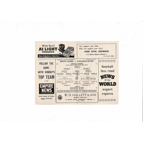 1957/58 Bristol Rovers v Doncaster Rovers Football Programme