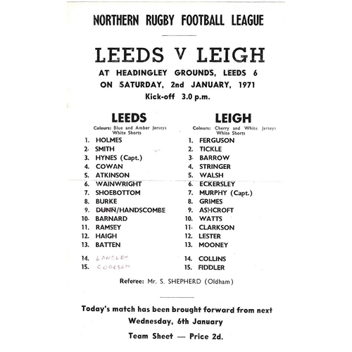 1970/71 Leeds v Leigh Rugby League programme/team sheet
