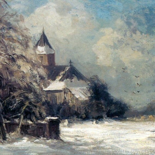 A Church in a Snow Covered Landscape