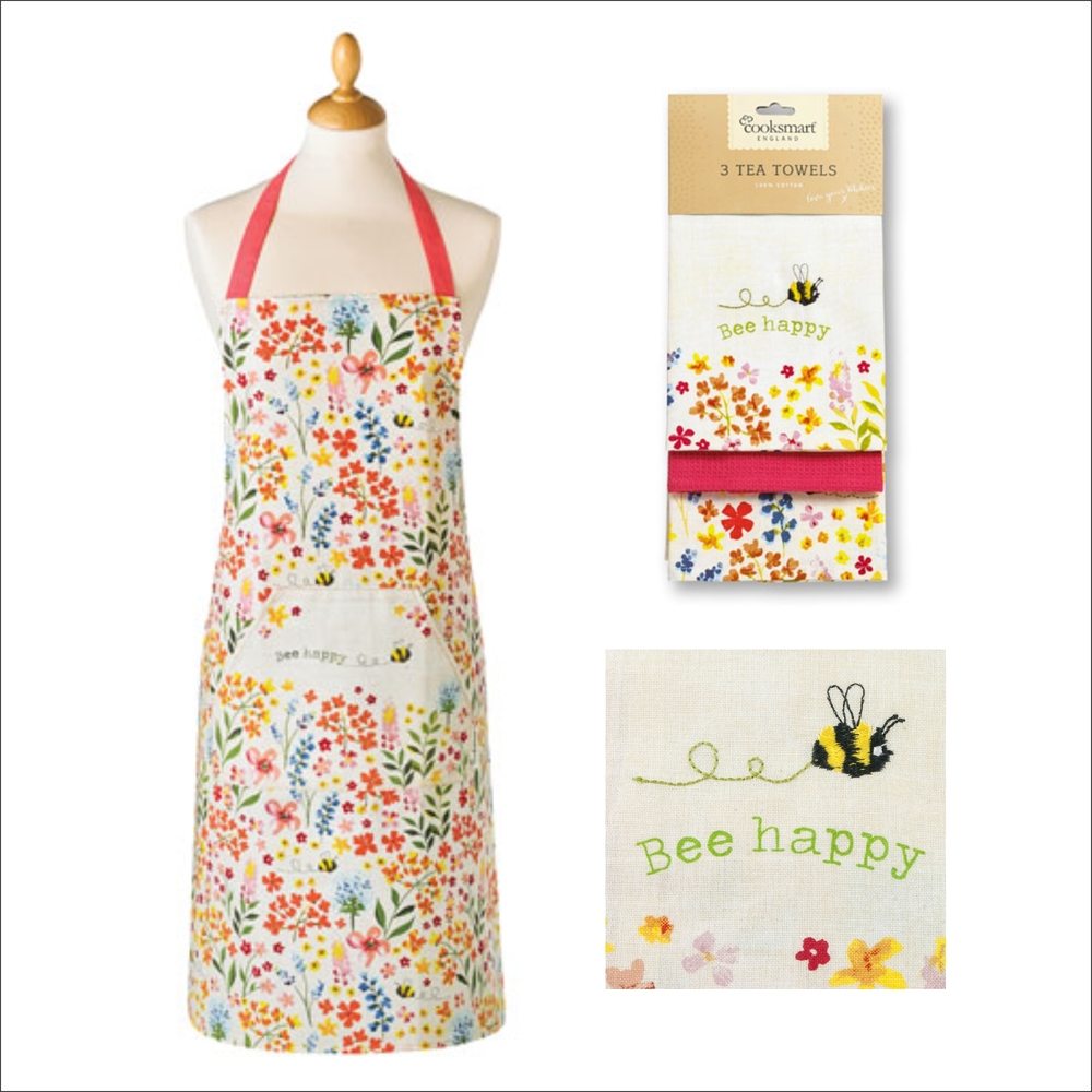 Bee Happy Cotton Apron and Set of 3 Tea Towel Set