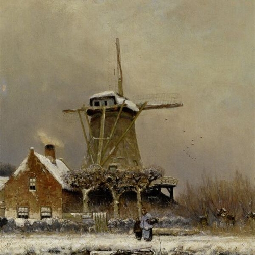 Figures by a Windmill in a Snow Covered Landscape