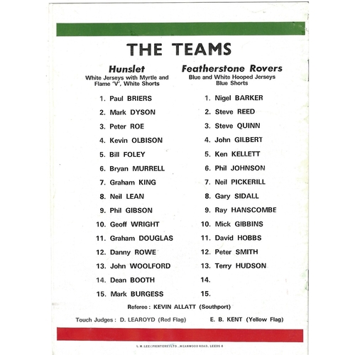 1982/83 Hunslet v Featherstone Rovers Yorkshire Cup 1st Round Rugby League programme